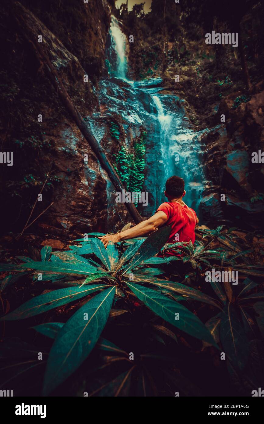Auf Grünblatt konzentrieren auf den ersten Plan erkundet Silhouette Reisender Mann Wasserfall versteckt im tropischen Regenwald Dschungel Stockfoto