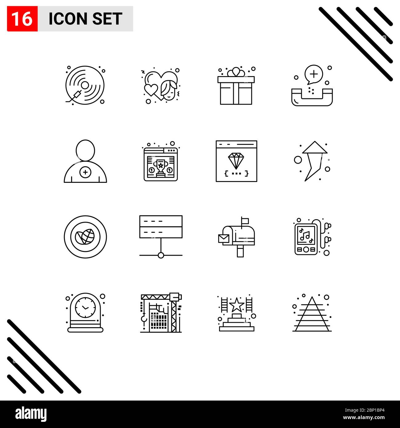 16 Kreative Symbole Moderne Zeichen und Symbole von Form, Notfall, Gesicht, Krankheit, Shopping editierbare Vektor Design-Elemente Stock Vektor