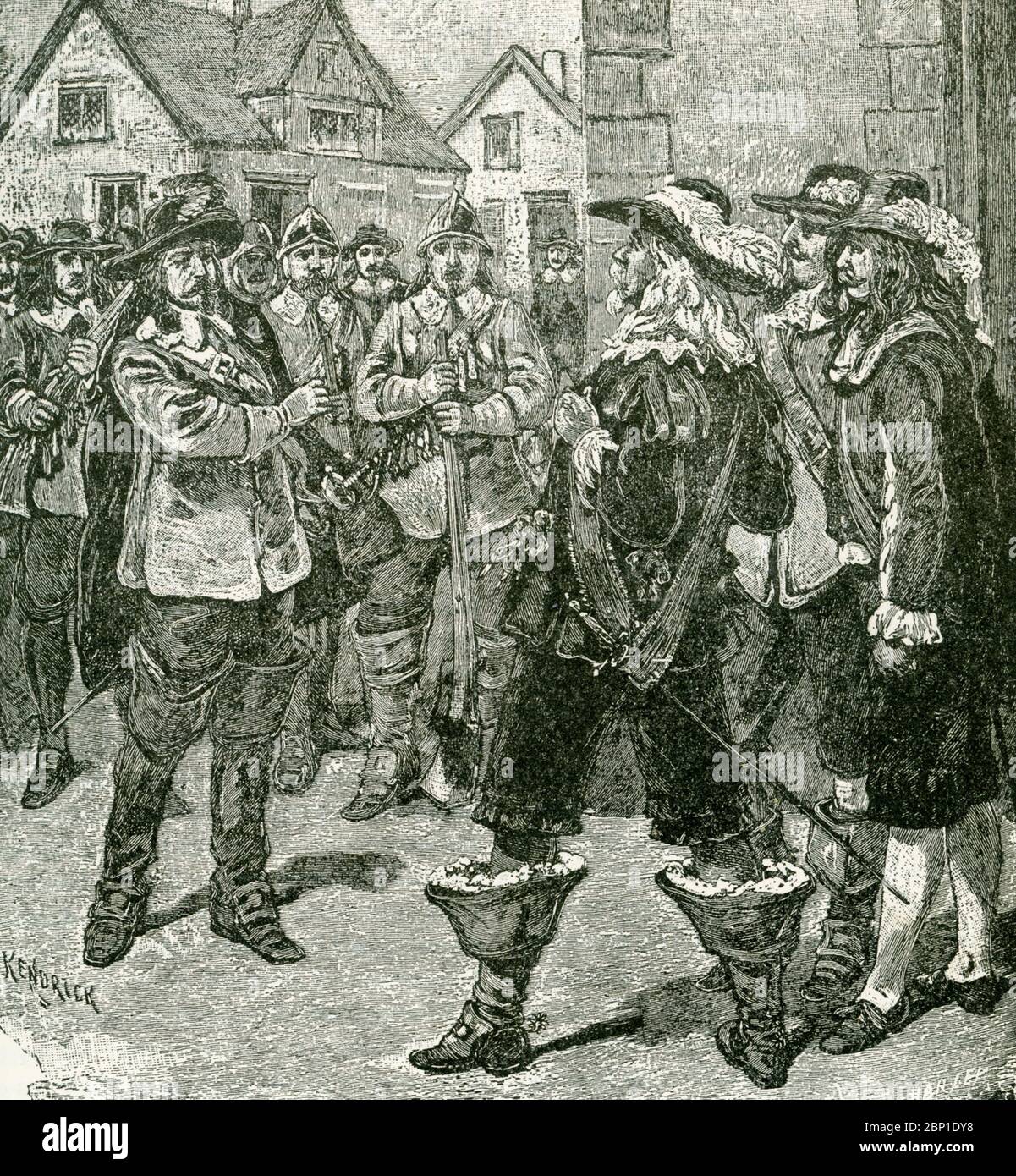 In dieser Illustration aus den 1890er Jahren begnadete Gouverneur Sir William Berkeley Nathaniel Bacon, ändert aber dann seine Meinung. Am 23. Juni 1676 kehrt Nathaniel Bacon mit 500 Männern nach Jamestown zurück und fordert Gouverneur Sir William Berkeley auf, ihn als General zu beauftragen, die Kolonie gegen die Indianer zu führen. Nach einer Pattsituation gibt der Gouverneur Bacons Forderungen nach. Bacon's Rebellion war eine bewaffnete Rebellion, die 1676-1677 von Virginia Siedler geführt von Nathaniel Bacon gegen die Herrschaft des Gouverneurs William Berkeley stattfand. Stockfoto