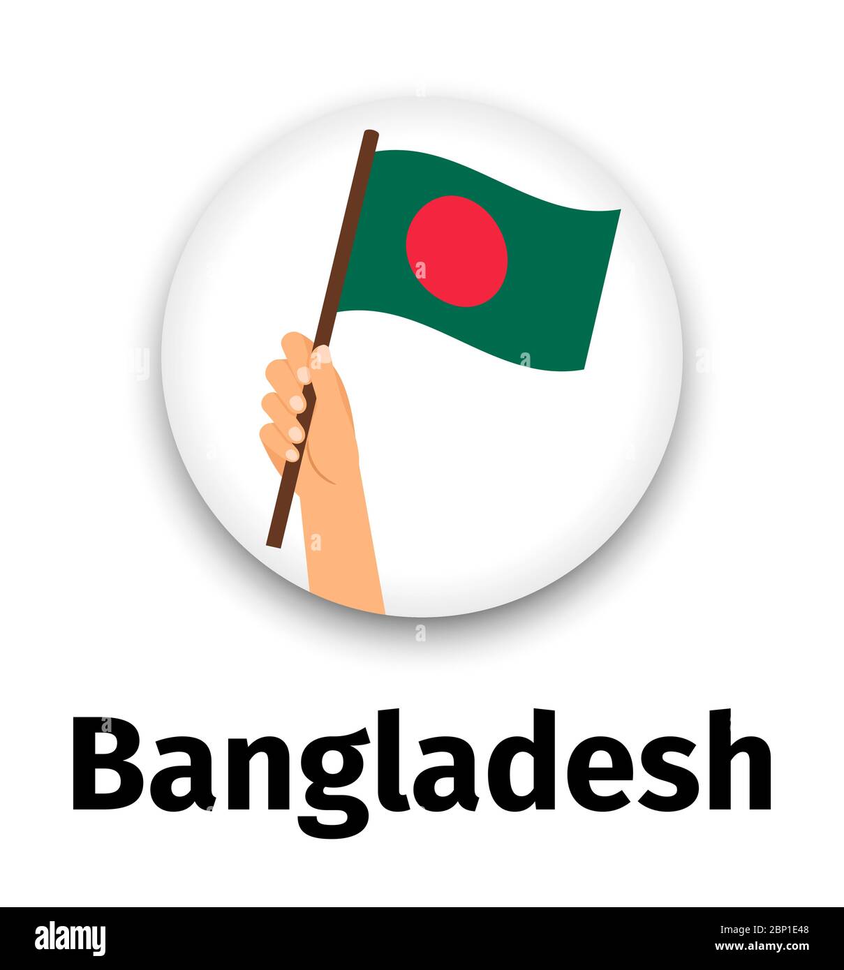 Bangladesch Flagge in der Hand, runde Ikone mit Schatten isoliert auf weiß. Menschliche Hand halten Flagge, Vektor-Illustration Stock Vektor