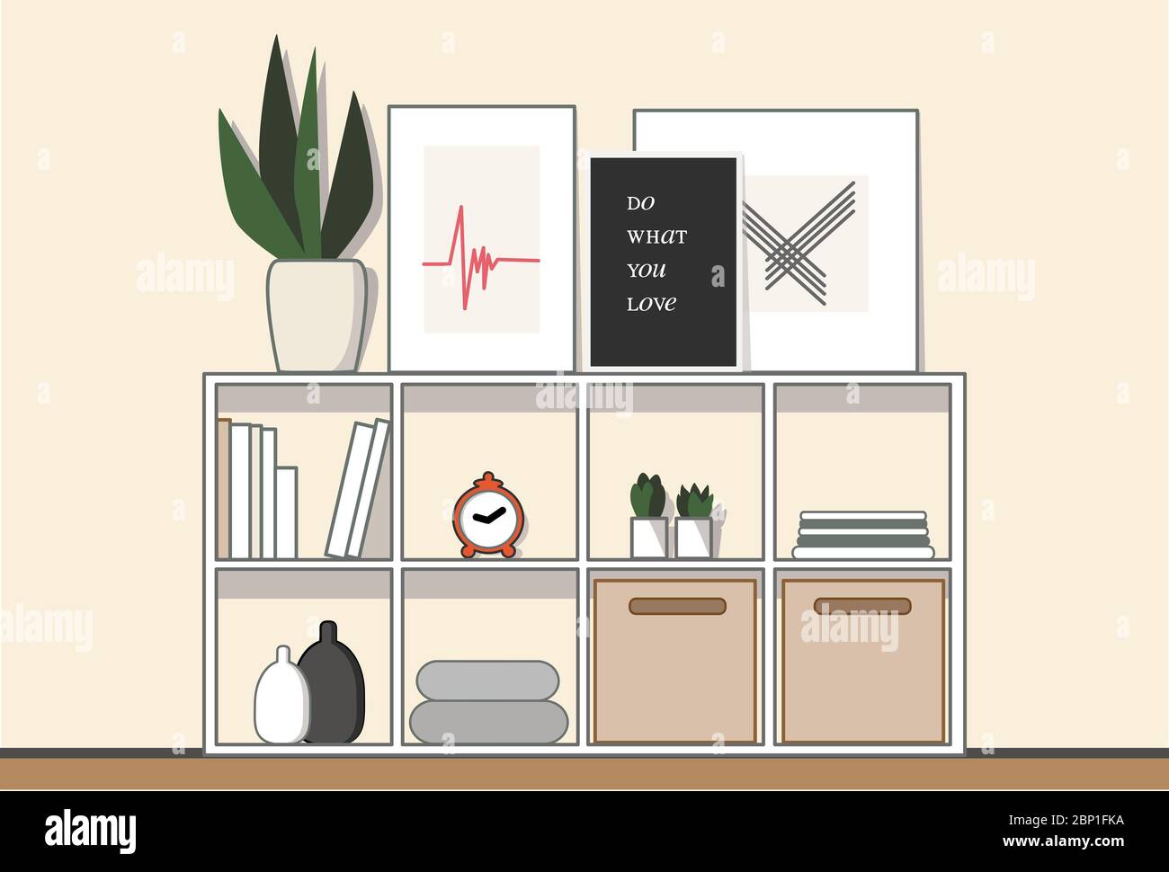 Wohnzimmer Interieur modernes Design quadratischen Würfel Organizer beige Hintergrund flach Retro Illustration 'Do What You Love' Nachricht auf Bild Stockfoto