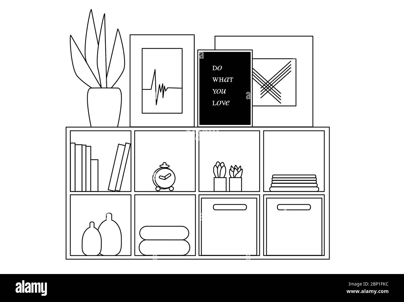 Wohnzimmer Interieur modernes Design quadratischen Würfel Veranstalter skizzieren Hintergrund. „Do What You Love“-Botschaft auf dem Bild Stockfoto
