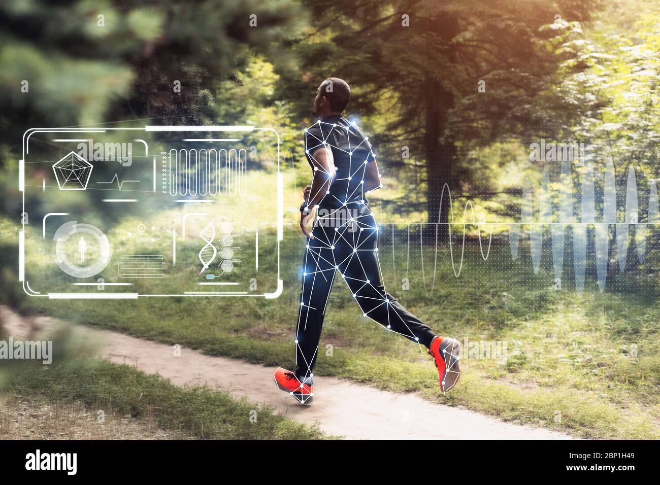 Mann joggt am Morgen. Menschliche Aktivität in Form von Graphen und Schaltkreisen Stockfoto