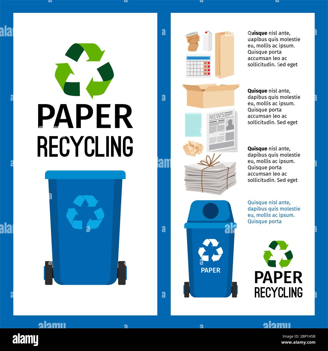 Müll blau Behälter Info mit Papier Papierkorb Elemente, Vektor-Illustration Stock Vektor