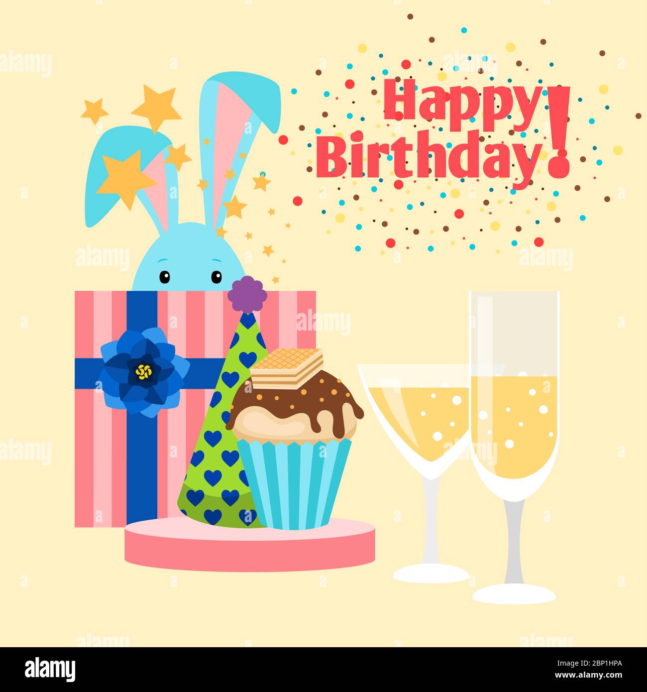 Happy Birthday Karte mit Kaninchen, Muffin, Geschenk und ein Glas Champagner, Vektor-Illustration Stock Vektor