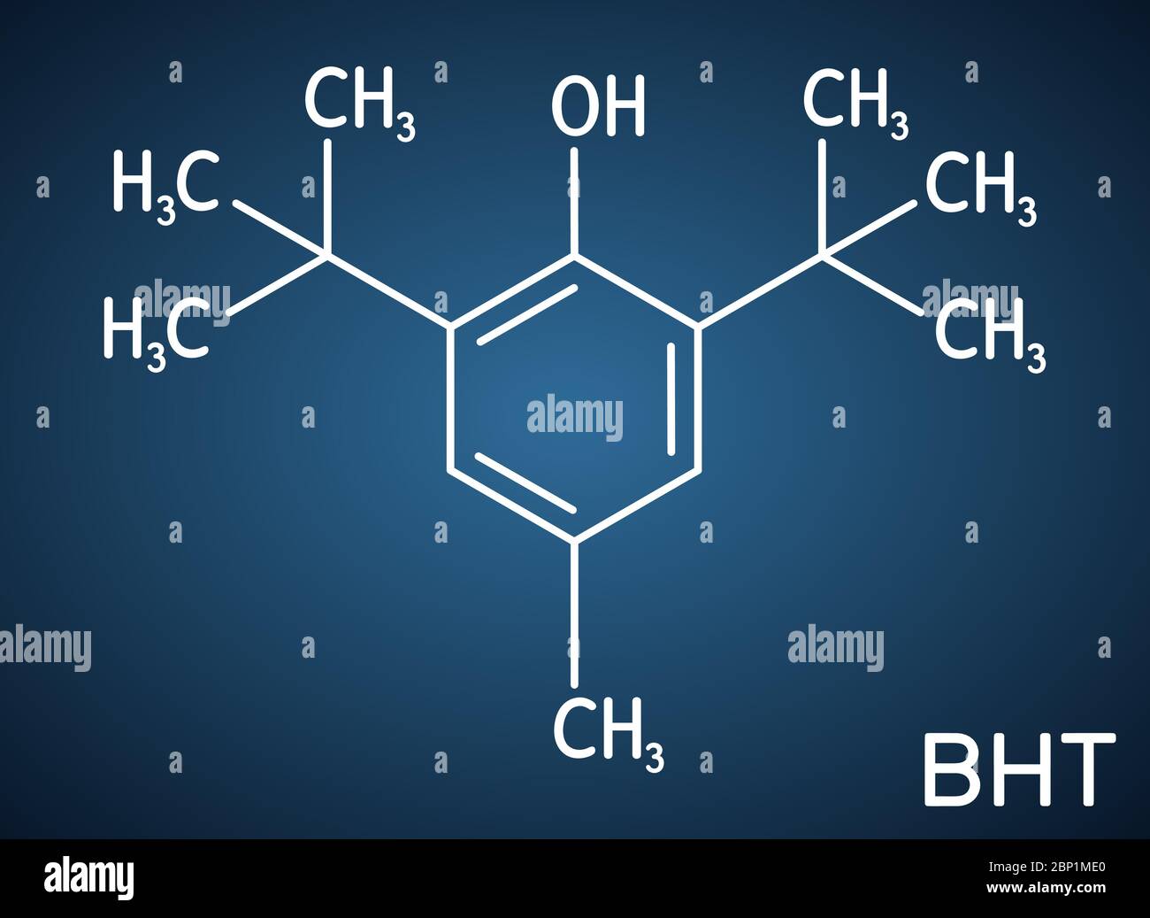 Butyliertes Hydroxytoluol, BHT, Dibutylhydroxytoluol-Molekül. Es ist  lipophile organische Verbindung, Antioxidans, Lebensmittelzusatzstoff E321.  Strukturchemische Stoffe Stock-Vektorgrafik - Alamy