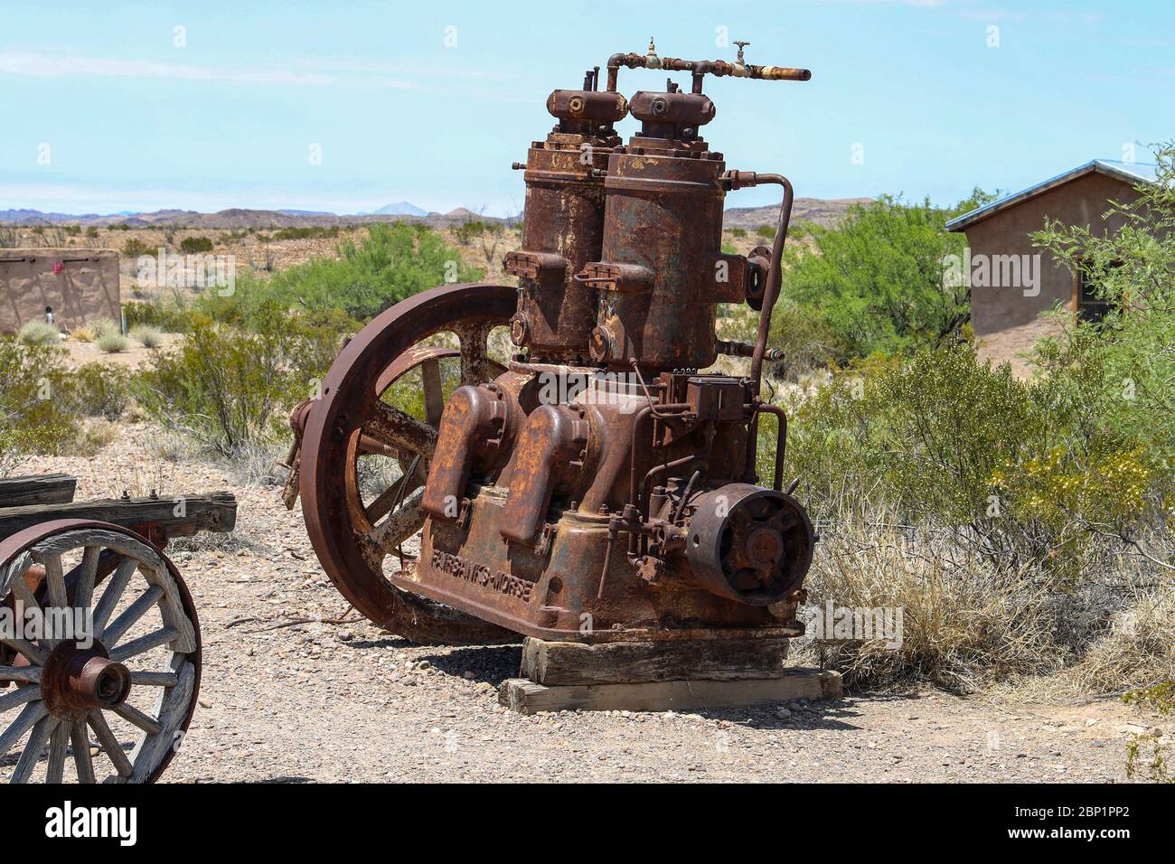 Verlassene Fairbanks-Morse-Bewässerungspumpe, die einst zur Unterstützung der Landwirtschaft im Castolon-Gebiet des Big Bend National Park, Texas, verwendet wurde Stockfoto
