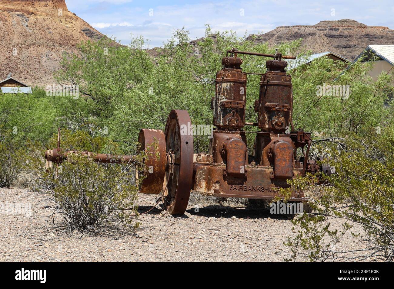Verlassene Fairbanks-Morse-Bewässerungspumpe, die einst zur Unterstützung der Landwirtschaft im Castolon-Gebiet des Big Bend National Park, Texas, verwendet wurde Stockfoto