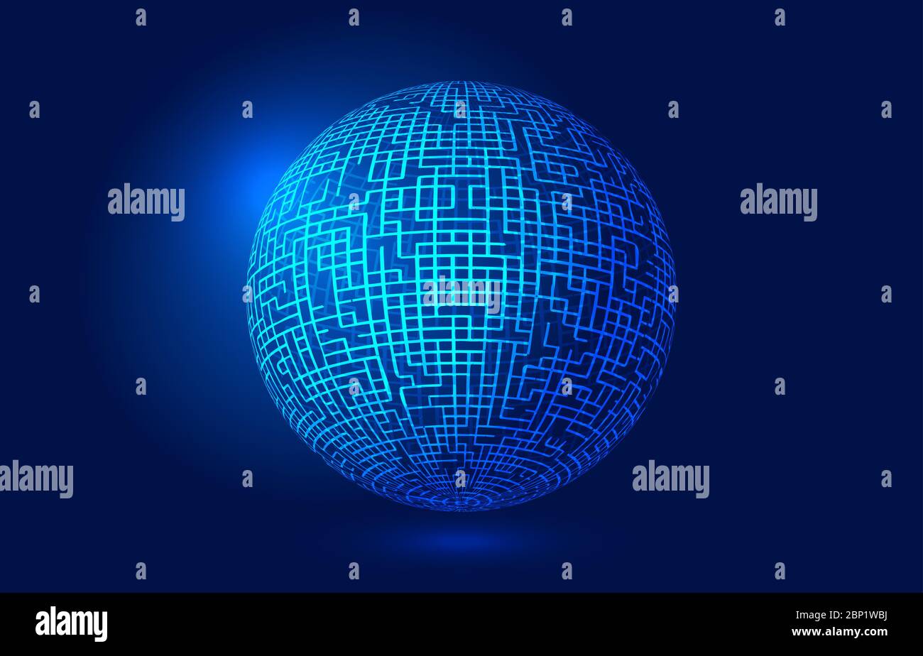 Dreidimensionale Schaltkugel, Hintergrund der Netzstromtechnik. Stockfoto