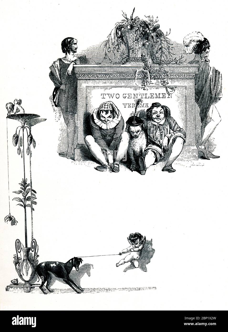 Zwei Herren aus Verona viktorianisches Buchfrontispiz für das Stück von William Shakespeare, möglicherweise sein erstes, aus dem 1849 illustrierten Buch Heroines of Shakespeare Stockfoto
