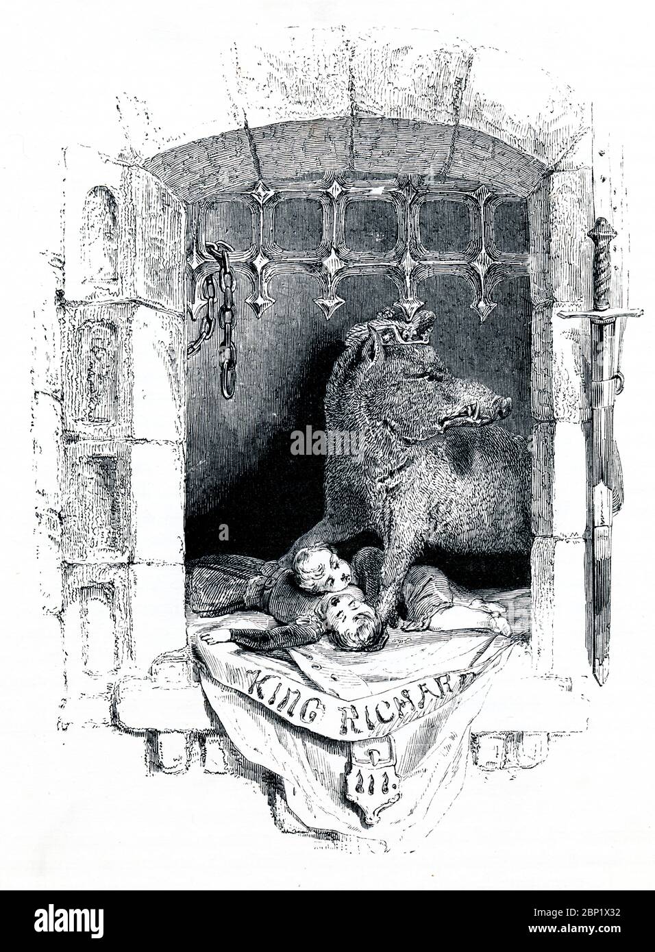 Richard III. Viktorianisches Buchfrontispiz für das Geschichtsstück von William Shakespeare über den von der Jagd unterstützten König von England, aus dem 1849 illustrierten Buch Heroines of Shakespeare Stockfoto