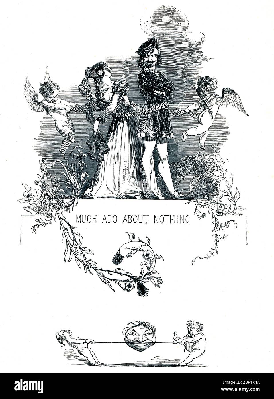 Viel Lärm um nichts viktorianisches Buchfrontispiz für das Komödienspiel von William Shakespeare, aus dem 1849 illustrierten Buch Heroines of Shakespeare Stockfoto