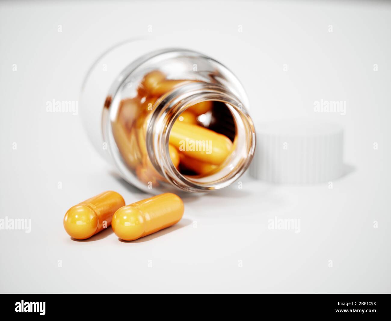Orange Pillen Kapsel Tabletten wth transparente Glasflasche auf weißem Hintergrund fallen gelassen. 3d-Rendering-Illustration Stockfoto