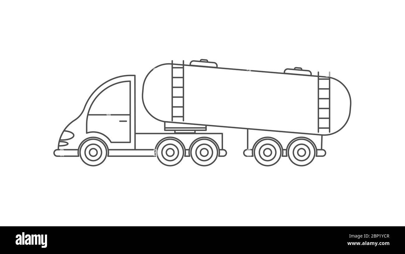 Vektor-Symbol eines Traktors mit Tank. Einfaches Design, eine leere Umrisse isoliert auf weißem Hintergrund. Design zum Ausmalen von Büchern, Websites und Apps Stock Vektor