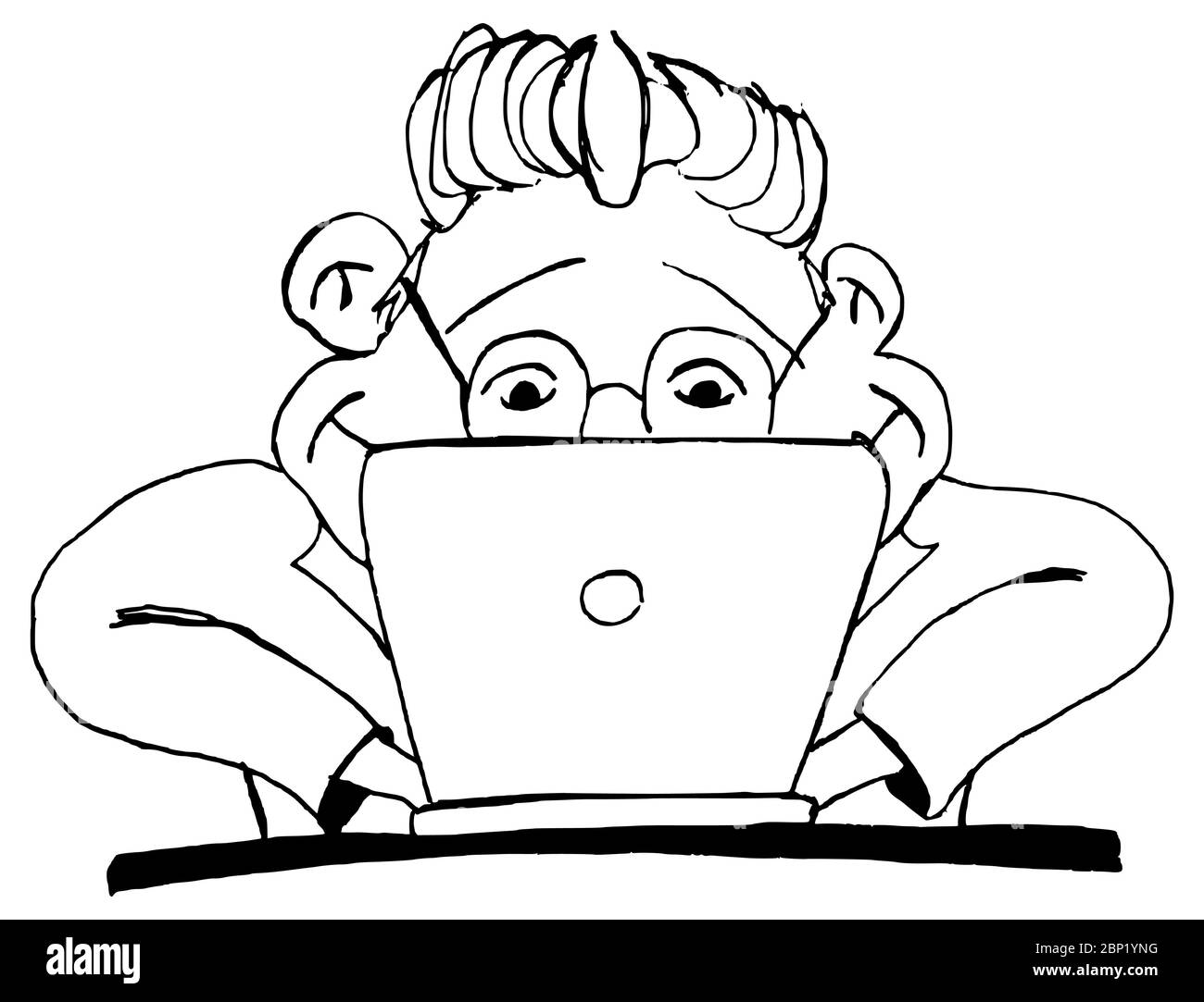 Cartoon-Charakter Mann, der an seinem Computer während der Isolierung von Coronavirus COVID-19 Ausbruch #stayathome Stockfoto