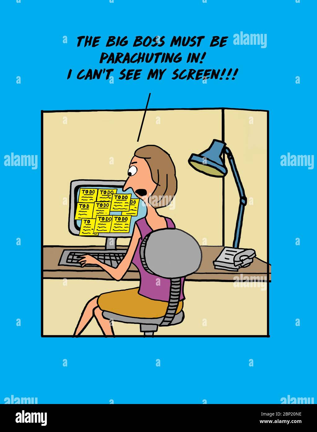 Farbe Cartoon zeigt eine Geschäftsfrau bei der Arbeit und ihr Computer-Bildschirm ist mit abgedeckt, um Anfragen von ihrem Chef zu tun. Stockfoto