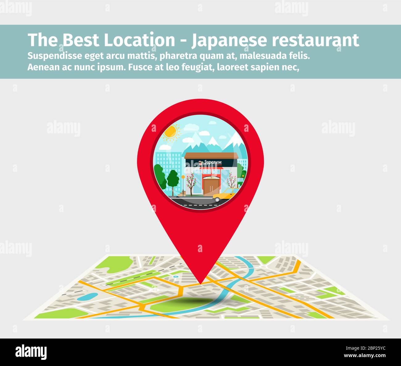 Das japanische Restaurant in der besten Lage. Zeigen Sie auf der Karte mit Gebäudedarstellung, Vektor Stock Vektor