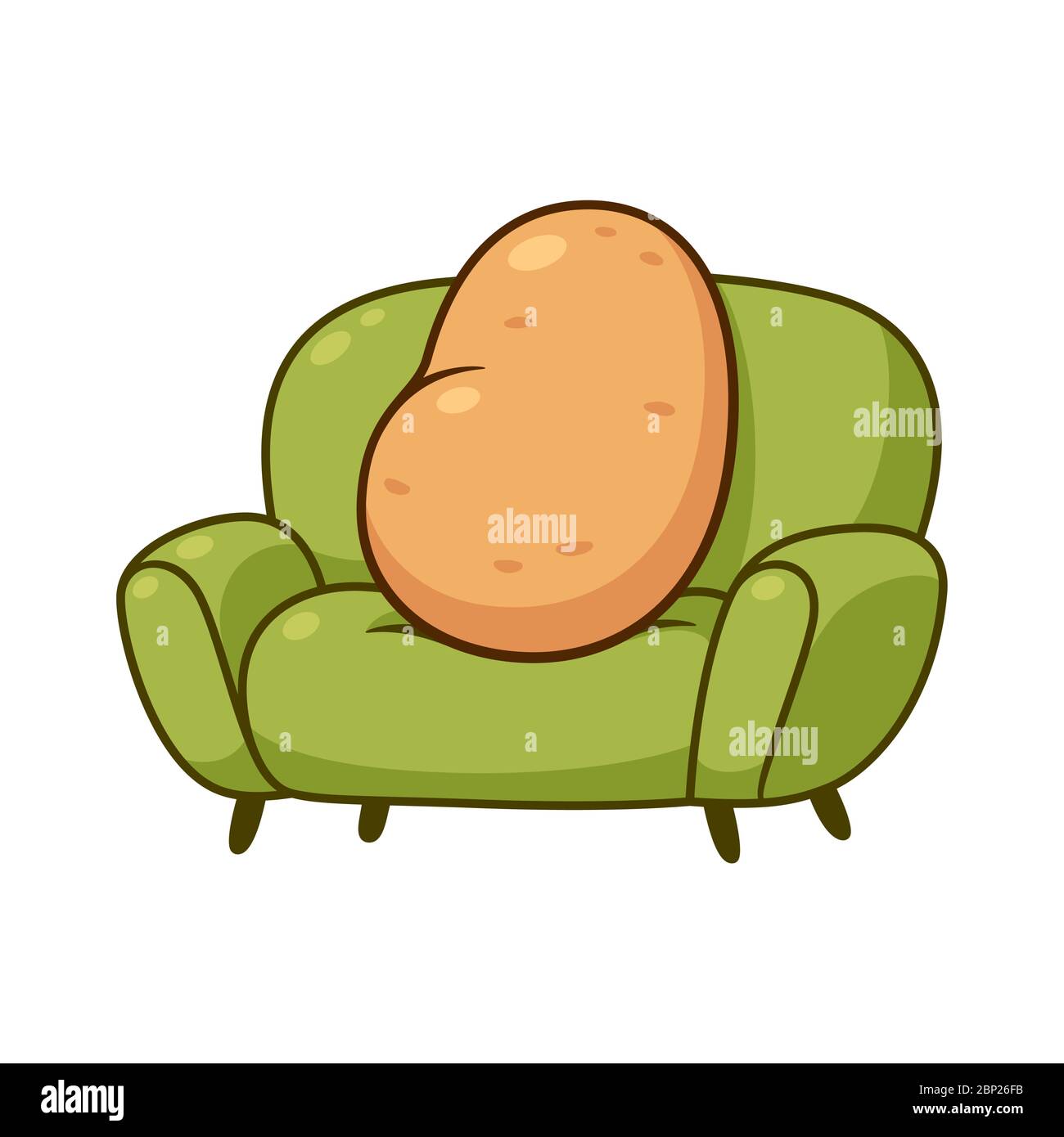 Couch Potato, lustige Metapher. Cartoon faule Kartoffel sitzt auf dem Sofa, Vektor Clip Art Illustration. Stock Vektor