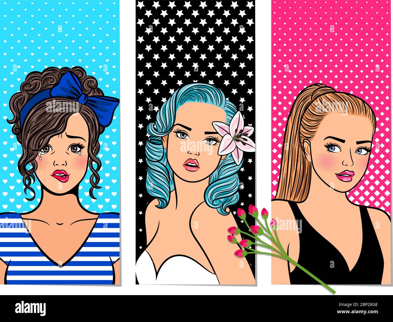 Retro-Banner für Mädchen. Vektor Pop Art Comic Brille Dame Karten, schöne vintage Frauen Vektor-Illustration Stock Vektor