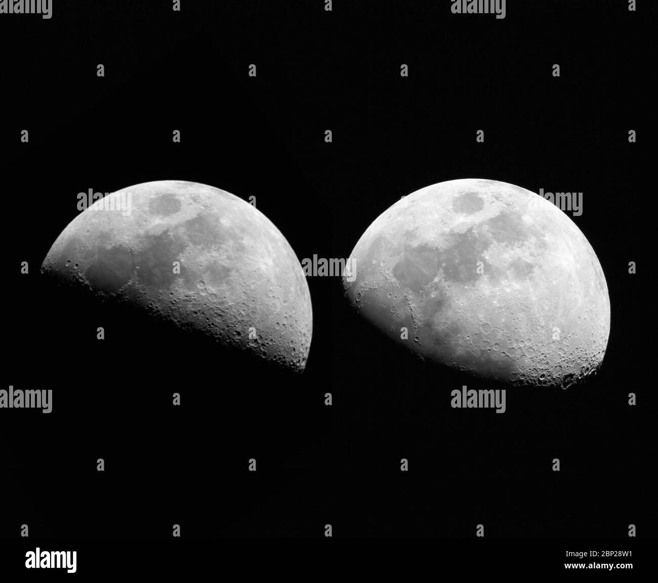 Abfolge der Mondphasen über zwei aufeinanderfolgende Nächte Stockfoto