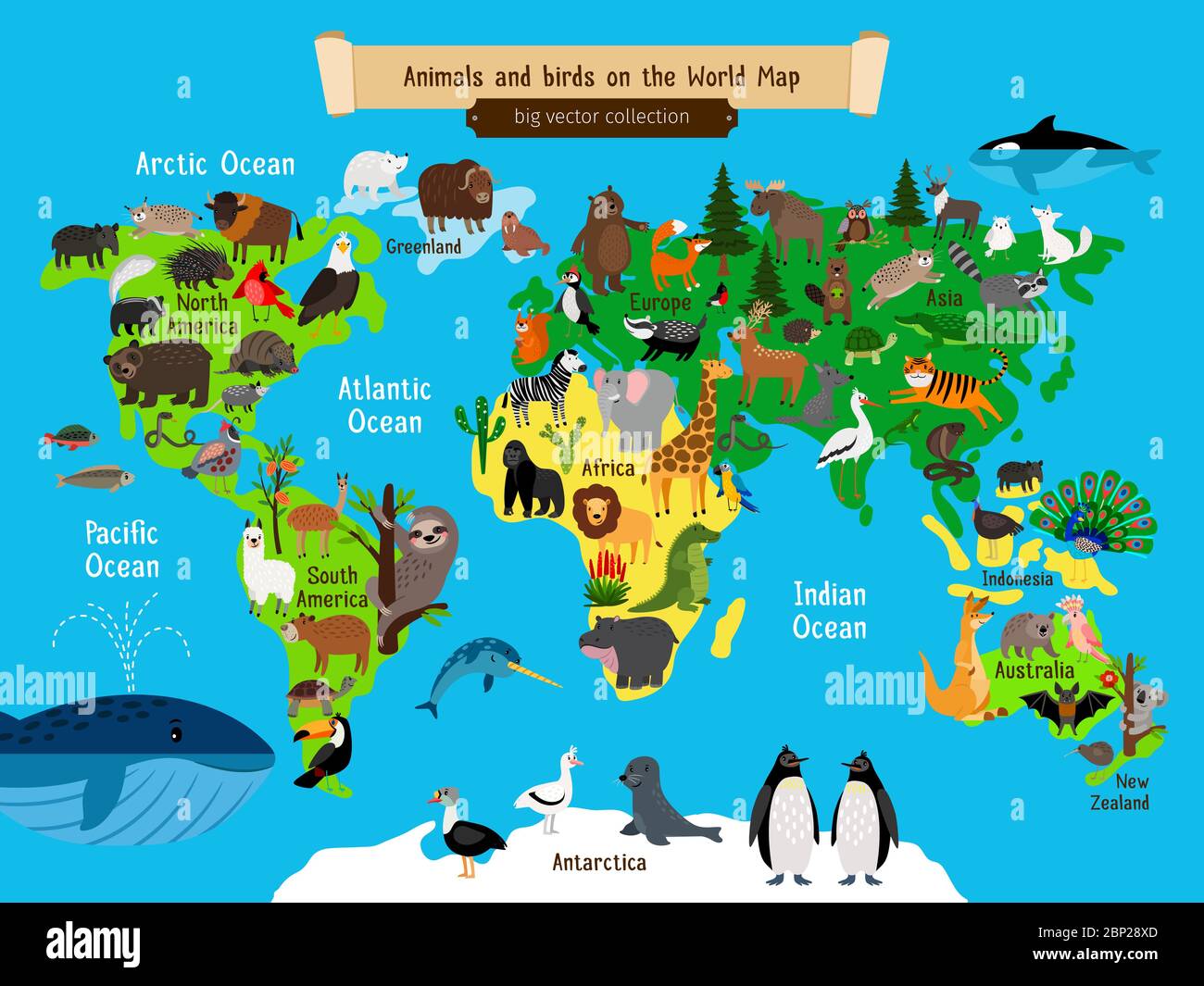 Weltkarte Tiere. Europa und Asien, Süd- und Nordamerika, Australien und Afrika und Meerestiere Geographie Karte Vektorgrafik für Kinder Stock Vektor