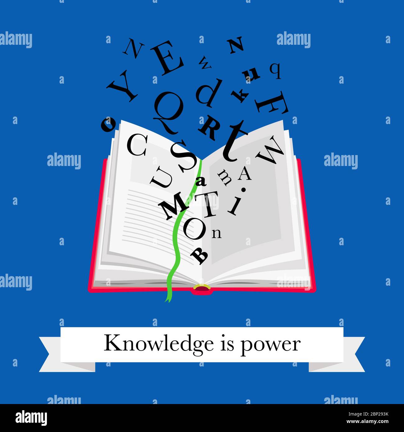 Symbol für Lesebuch. Open Schulbuch mit Buchstaben Symbole und Text Wissen ist Macht für digitale Computerbibliothek Vektor-Illustration Stock Vektor