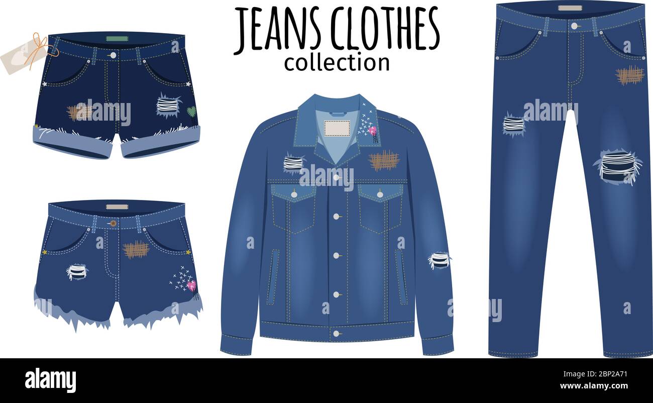 Jeans-Kleidung. Trendy Mode gerissen Denim Freizeit Kleidung Vektor Illustration, Jeans Outfit Kleidungsstücke Modelle auf weißem Hintergrund isoliert Stock Vektor