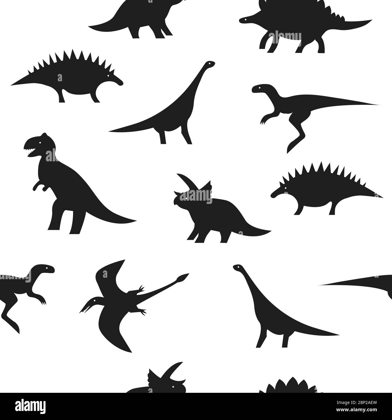 Nahtloses Schwarz-Weiß-Dino-Muster. Dinosaurier Silhouetten auf weißem Hintergrund für Textil-, Druck-, Stoff- oder Papierverpackung Stock Vektor