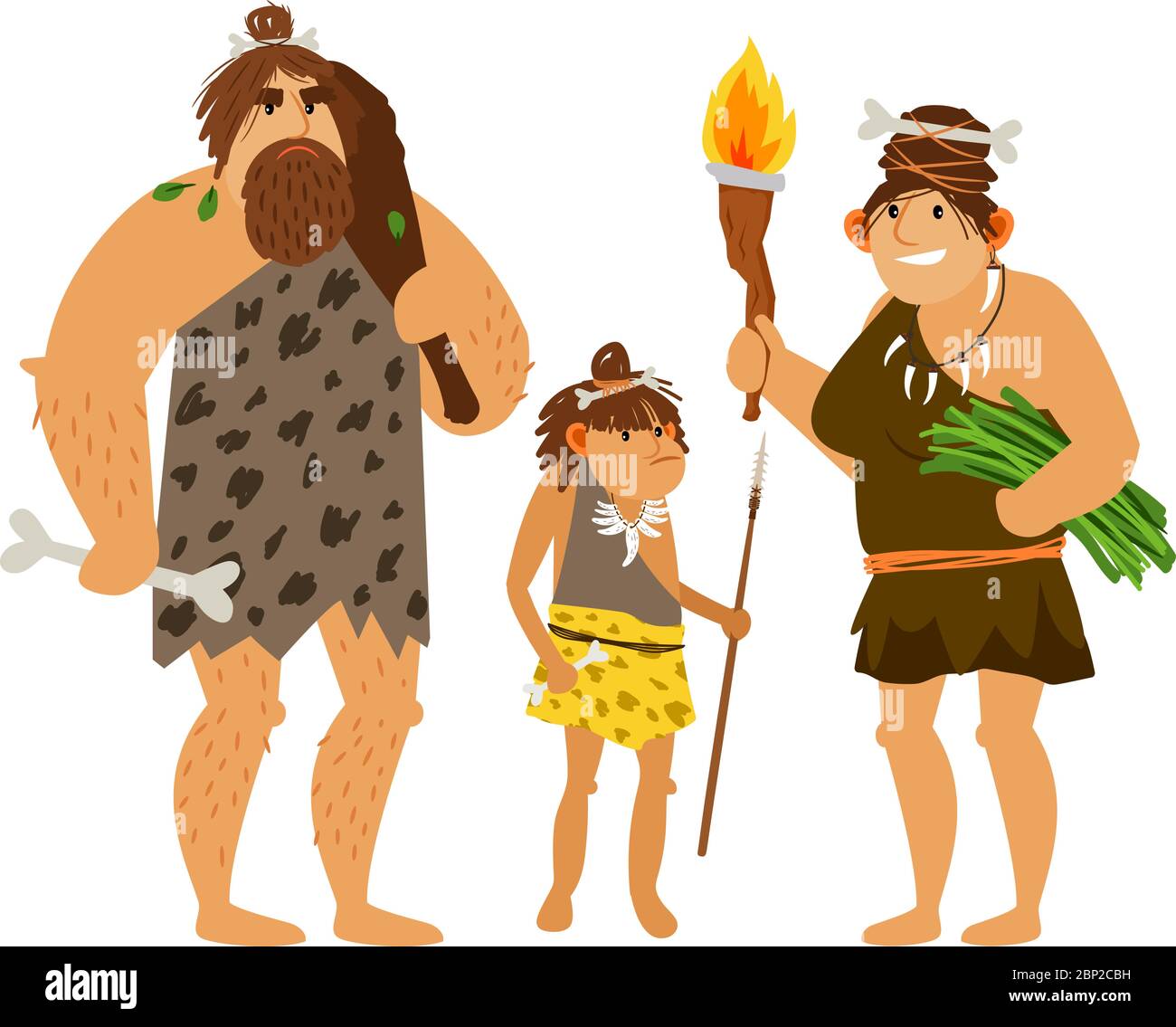 Steinzeit Familie. Vektor prähistorische Zeit Frau, Höhle Mann und alte Tochter Kind auf weißem Hintergrund isoliert Stock Vektor