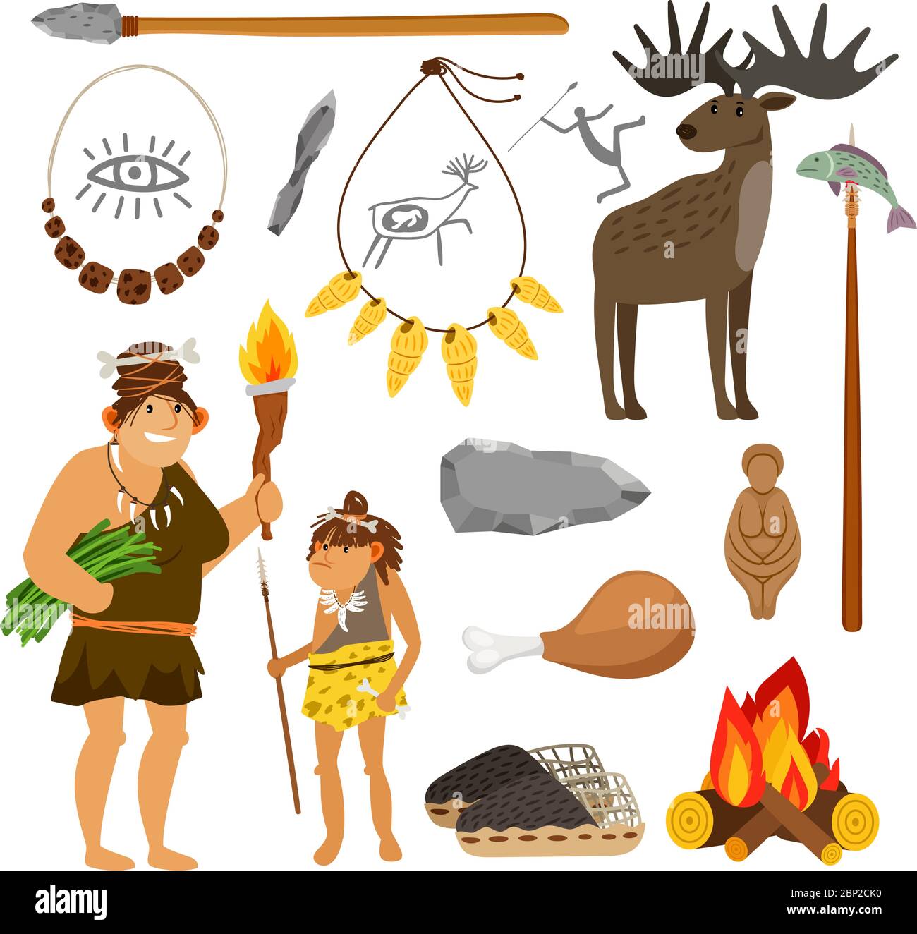 Steinzeit Cartoon Illustration. Prähistorische primitive Werkzeuge und Höhlenmenschen auf weißem Hintergrund isoliert, Vektor-Symbole gesetzt Stock Vektor
