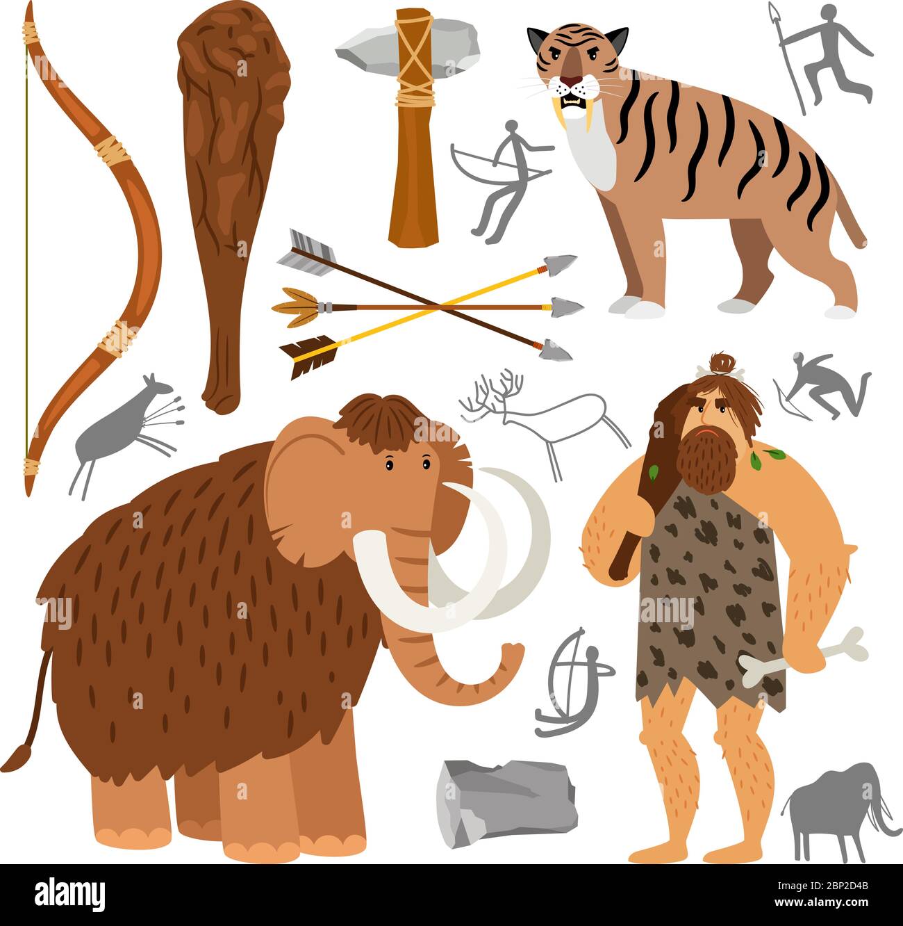 Alte Homosapiens. Steinzeit neandertaler Höhlenmensch Vektor-Illustration, primitive Überlebenswerkzeuge und prähistorischen wolligen Mammut und Höhlentier auf weißem Hintergrund isoliert Stock Vektor