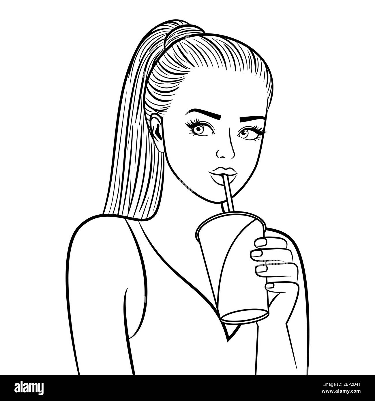 Schwarz-weiß hübsches Mädchen mit Pappbecher. Flirten ziemlich junge Dame  trinken Kaffee Färbung Seite Vektor-Illustration Stock-Vektorgrafik - Alamy