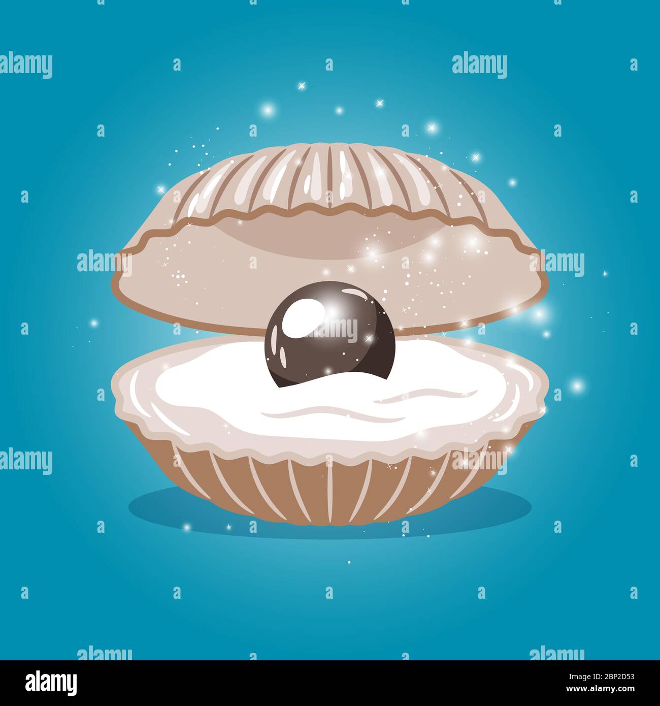 Schwarze Perle in Muschel mit glänzenden Elementen Vektor-Illustration Stock Vektor