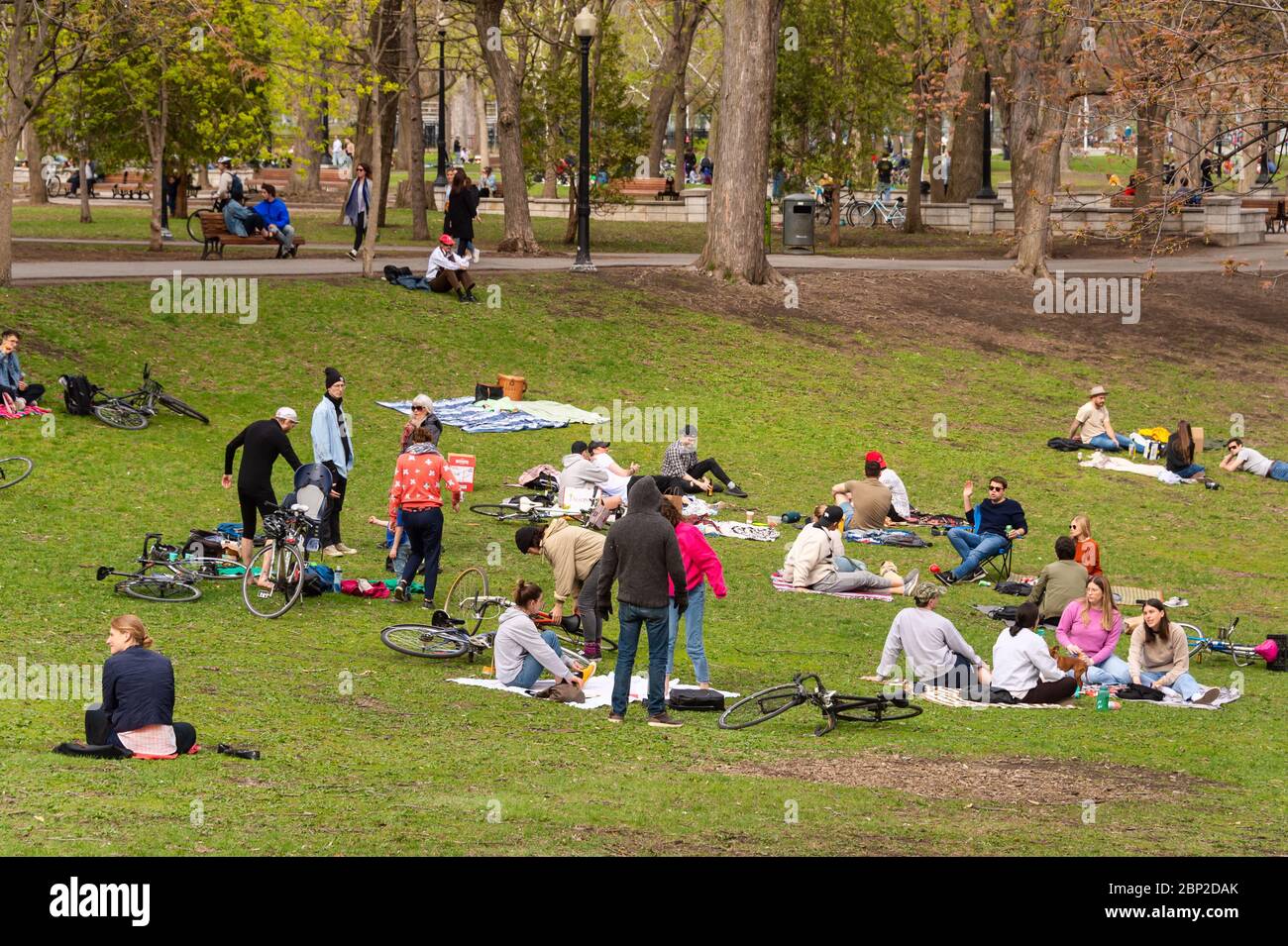 Montreal, CA - 16. Mai 2020: Menschen versammeln sich im Lafontaine Park während der Coronavirus-Pandemie Stockfoto