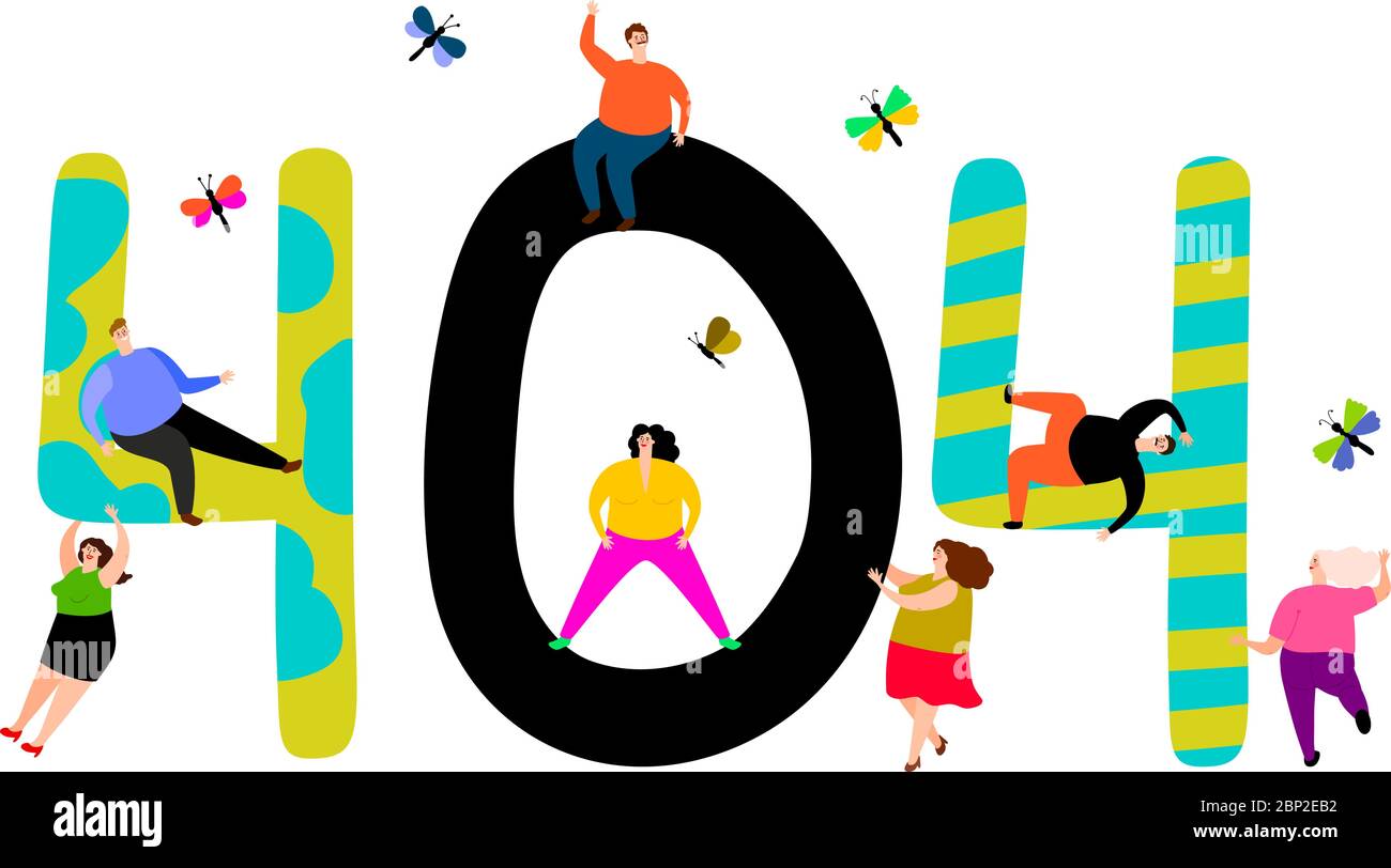 Seite 404 mit Personen. Web Hoppla Fehler oder nicht gefunden Seite, Wartung sorglose Wartung mit lustigen Männern und Frauen und Schmetterlinge, Vektor-Illustration Stock Vektor