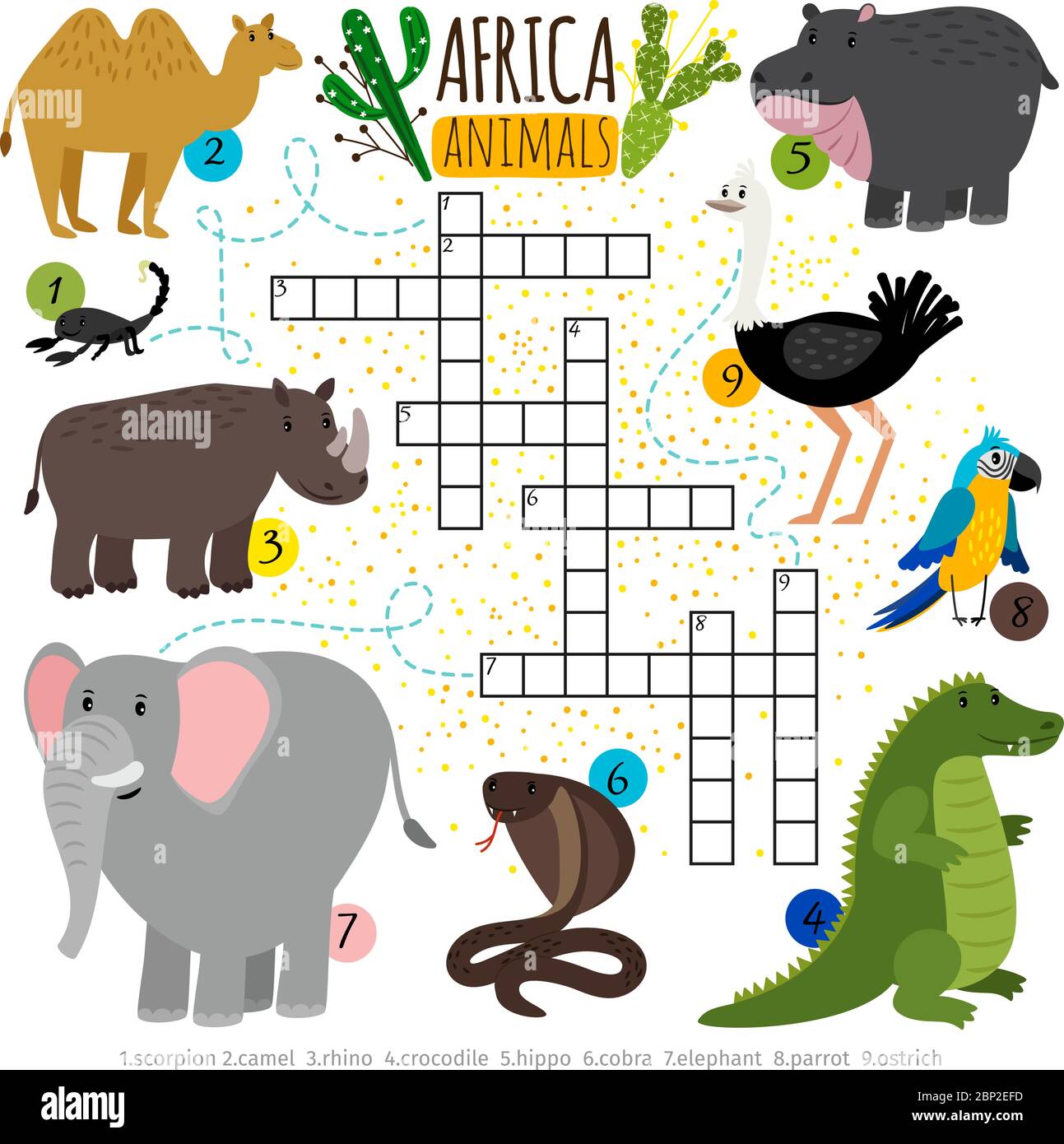 Afrikanische Tiere Kreuzworträtsel. VektorKreuz Wörter suchen Puzzle