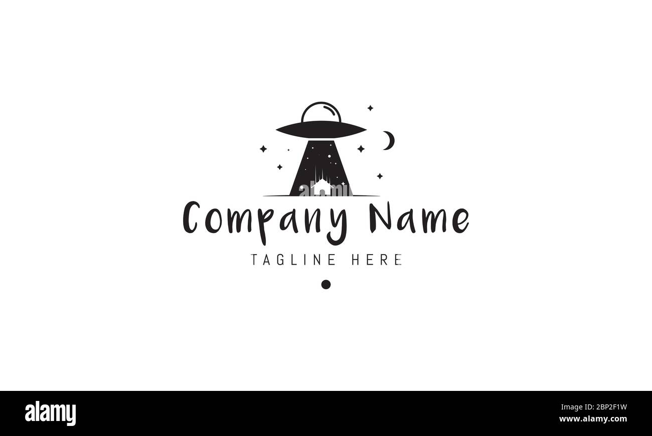 Vektor-Logo, auf dem ein abstraktes Bild eines UFO über einem Haus in einer Mondlicht Nacht. Stock Vektor