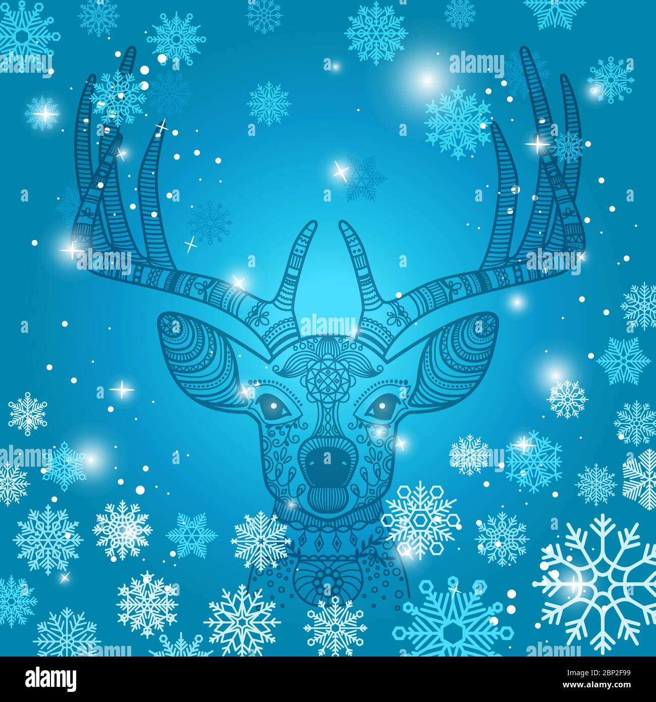 Winter Hintergrund mit Doodle Hirsch und Schneeflocken, Vektor-Illustration Stock Vektor
