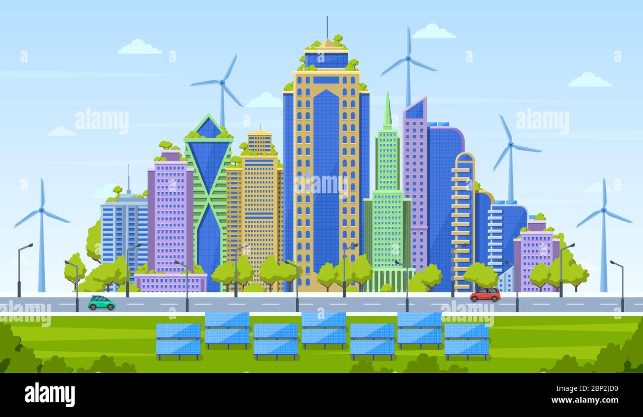 Eco City Konzept Intelligente Stadtlandschaft Urbane Moderne Stadtlandschaft Umweltfreundliche Wolkenkratzer Mit Alternativen Energiequellen Vektorgrafik Stock Vektorgrafik Alamy