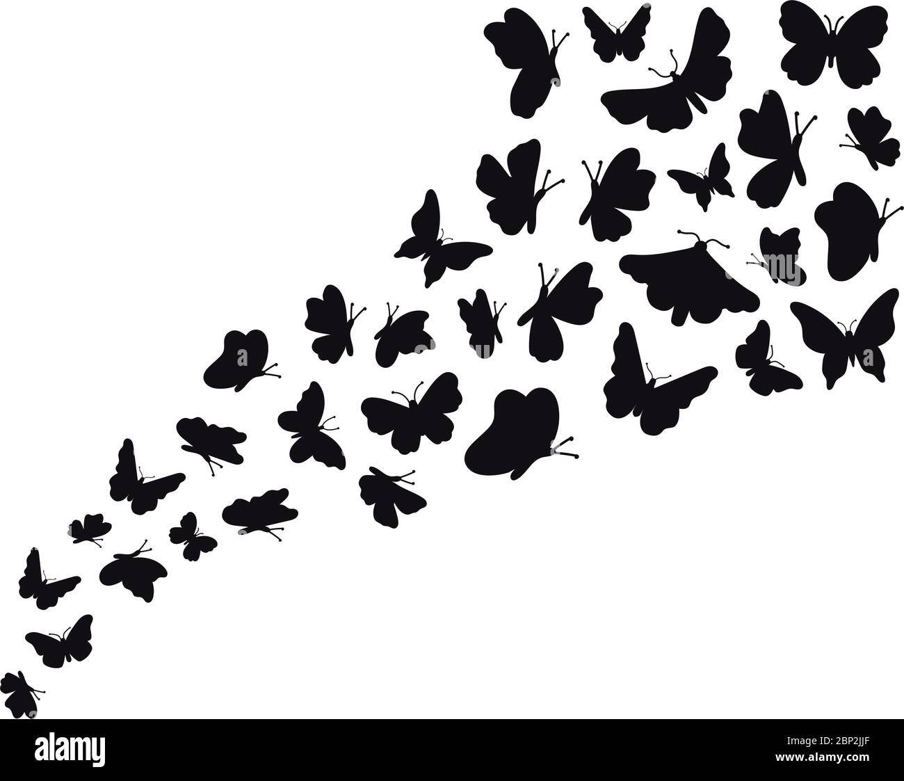 Fliegende schmetterlinge, schwarz-weiße silhouette, auf weißem