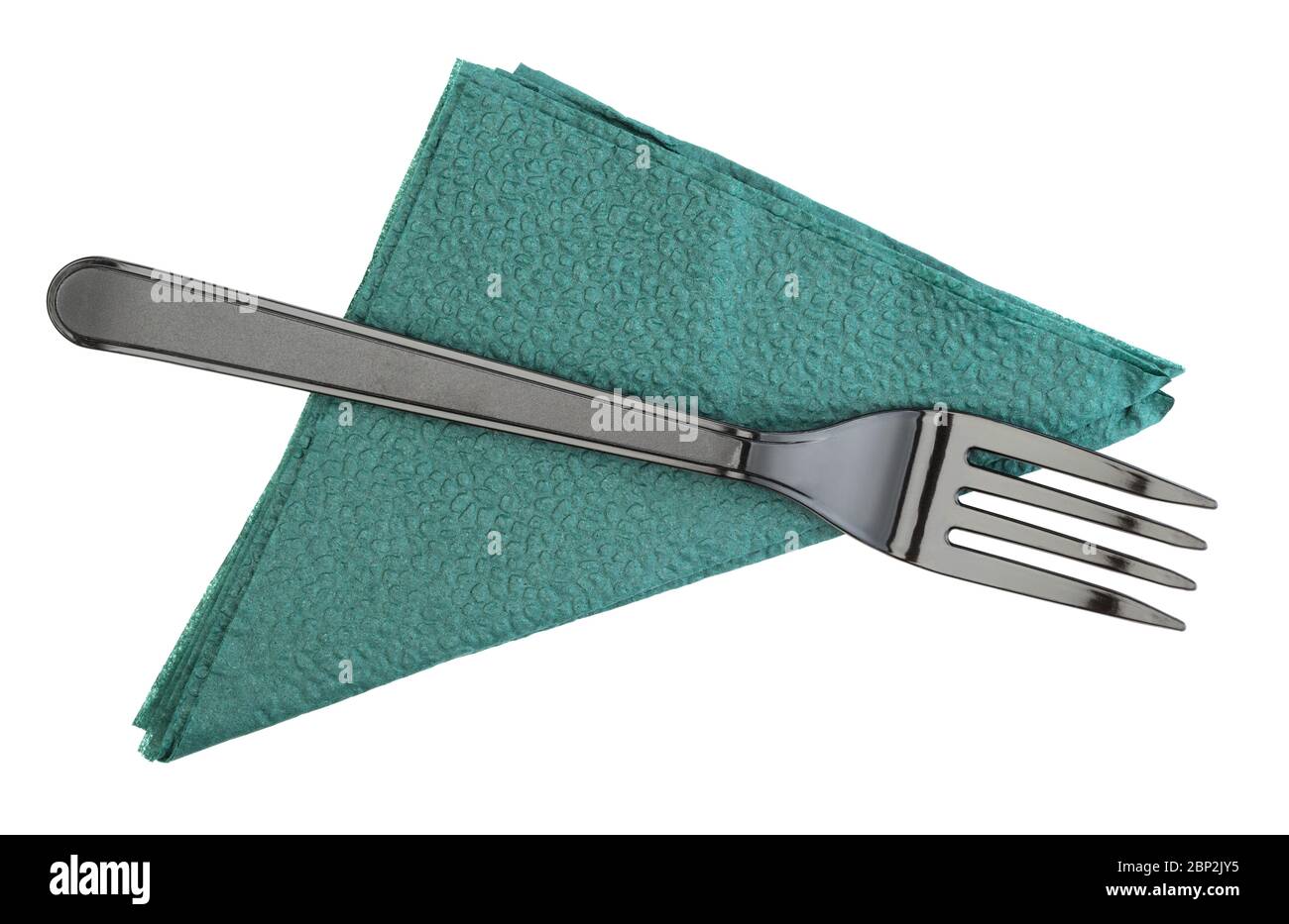 Papierserviette und Kunststoffgabel isoliert auf weißem Hintergrund. Draufsicht. Stockfoto