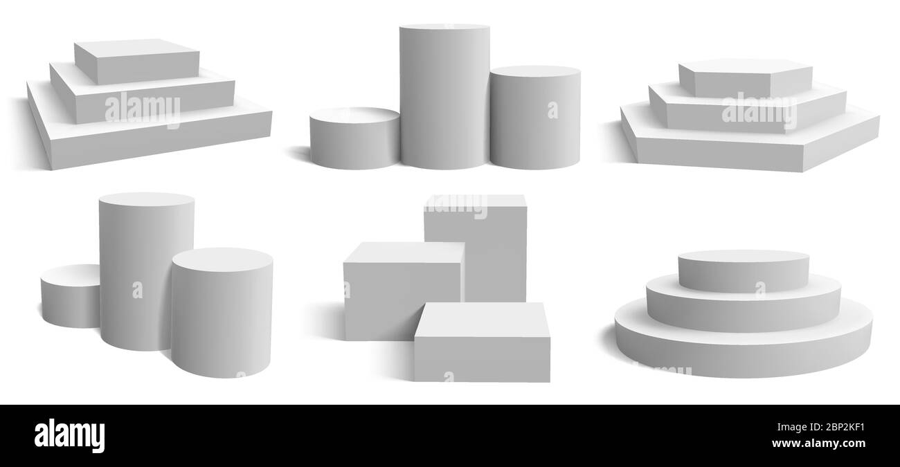 Podium-Plattformen. Realistische weiße Quadrat und runden Sockel, geometrische leere Stand Bühne Vektor-Illustration Set Stock Vektor