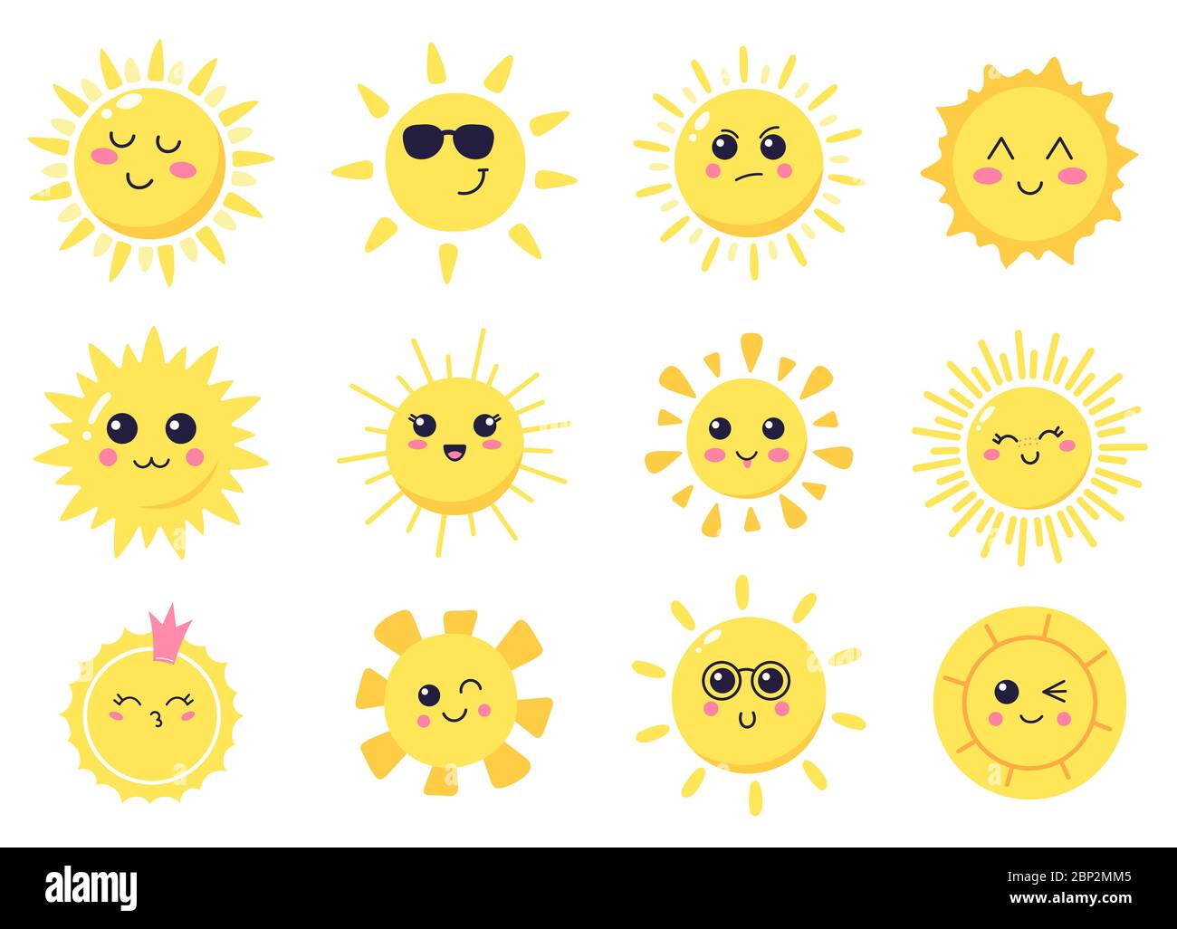 Glücklich Cartoon Sonne. Hand gezeichnet niedlichen lächelnden Sonnen, sonnig glücklich Zeichen, leuchtend helle Sonne Vektor Illustration Symbole gesetzt Stock Vektor