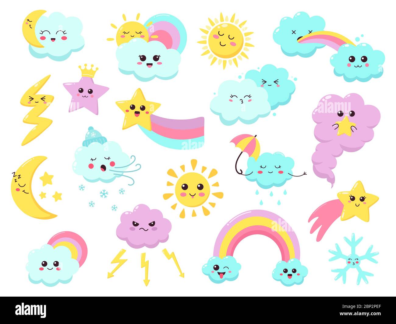 Süße Wetter Emoticons. Lustige Wetter Charakter, Hand gezeichnete Sterne, Wind, Regenbogen und Blitz, lächelnd Wetter Zeichen Vektor-Illustration Symbole gesetzt Stock Vektor