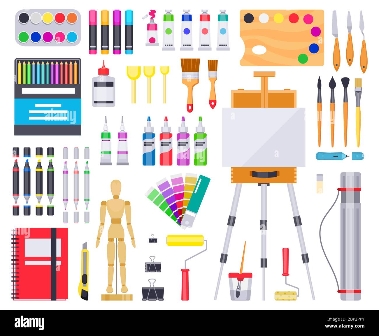 Kunstbedarf. Malerei und Zeichenmaterialien, kreative Kunstwerkzeuge, künstlerische Hilfsgüter, Farben, Pinsel und Skizzenbuch Vektor Illustration Symbole gesetzt Stock Vektor