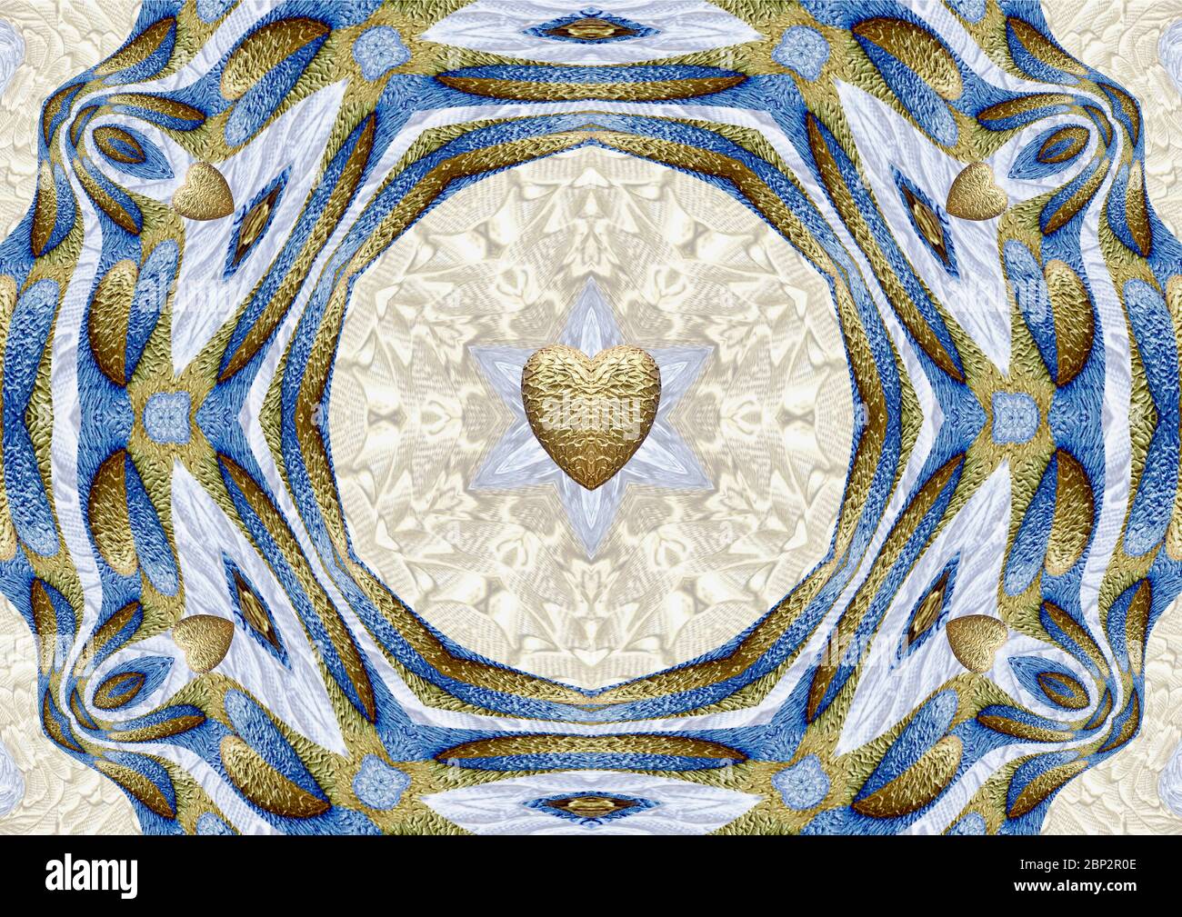 Schönes Herz aus Gold Mandala mit blauer Umrandung und Textraum. Stockfoto