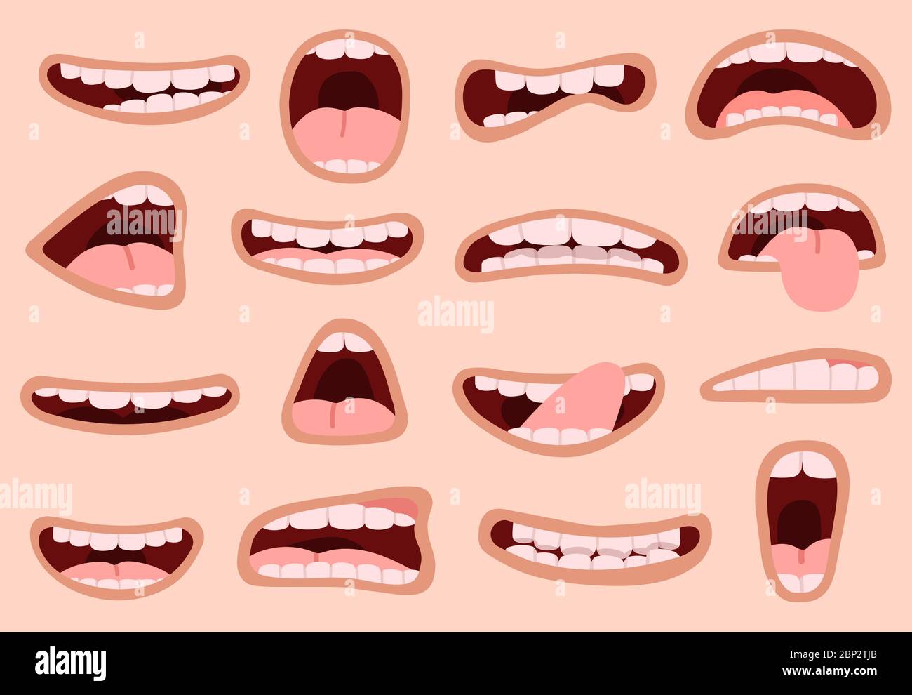 Cartoon-Mund. Hand gezeichnet lustige Comic Mund mit Zungen, lachen Emotionen Karikatur Lippen, Mimik Vektor-Illustration Symbole gesetzt Stock Vektor