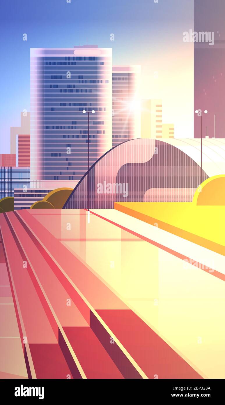 Leere Innenstadt Straße bei Sonnenuntergang ohne Menschen und Autos Moderne Stadtbild Hintergrund vertikale Vektor-Illustration Stock Vektor