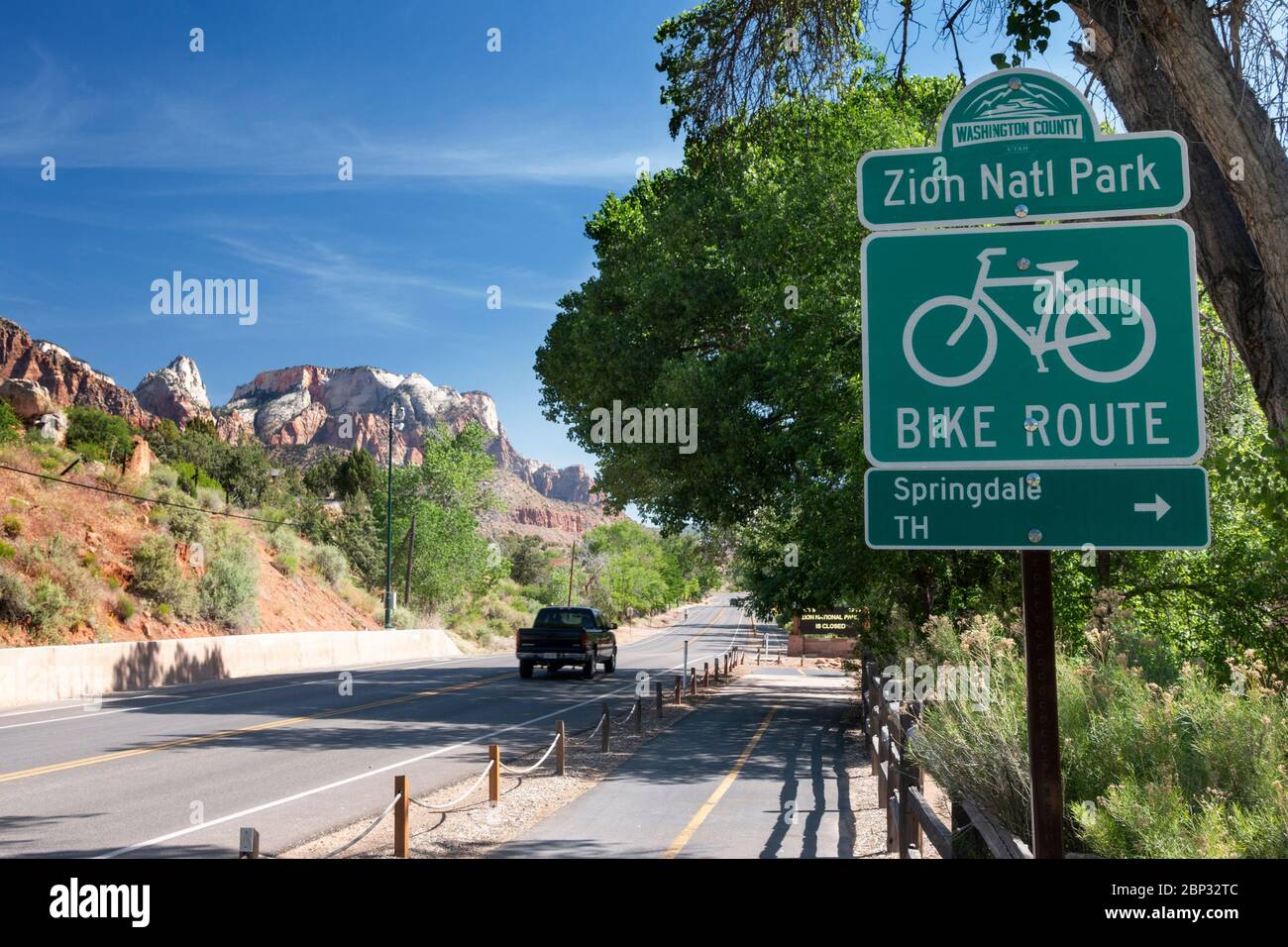 Ausgeschilderten Radweg-Schild im Zion National Park und Springdale, Utah Stockfoto