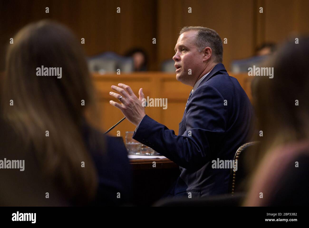 Senat Anhörung "Mond zum Mars - NASA Pläne für Deep Space Exploration' NASA-Administrator Jim Bridenstine bezeugt vor dem Senatsausschuss für Handel, Wissenschaft und Transport während einer Anhörung mit dem Titel "Mond zum Mars: NASA Pläne für Deep Space Exploration", Mittwoch, 17. Juli 2019, im Hart Senate Office Building in Washington. Stockfoto